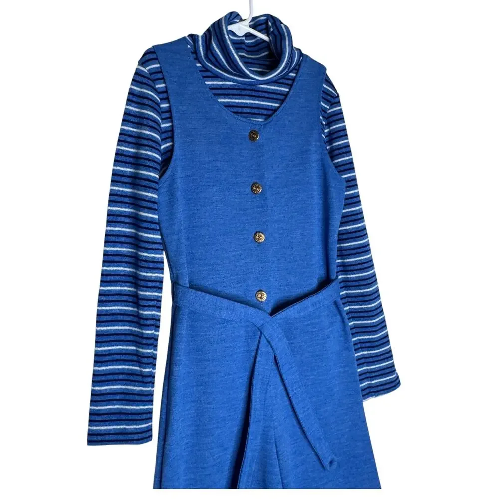 1970s Pic-Nics by Her Majesty Blue Knit Jumpsuit Turtleneck Set USA XS
